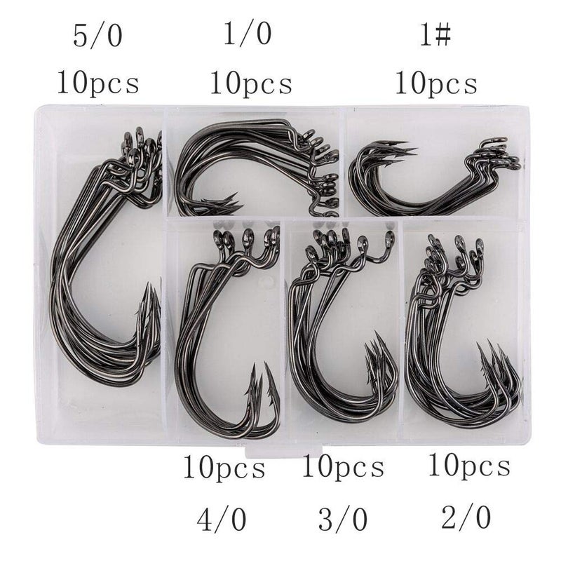 FCFKUK 60pcs Offset Worm Hook High Carbon Steel Wide Gap Bait Jig Fish Hooks with Plastic Box #1-5/0 - Image 4